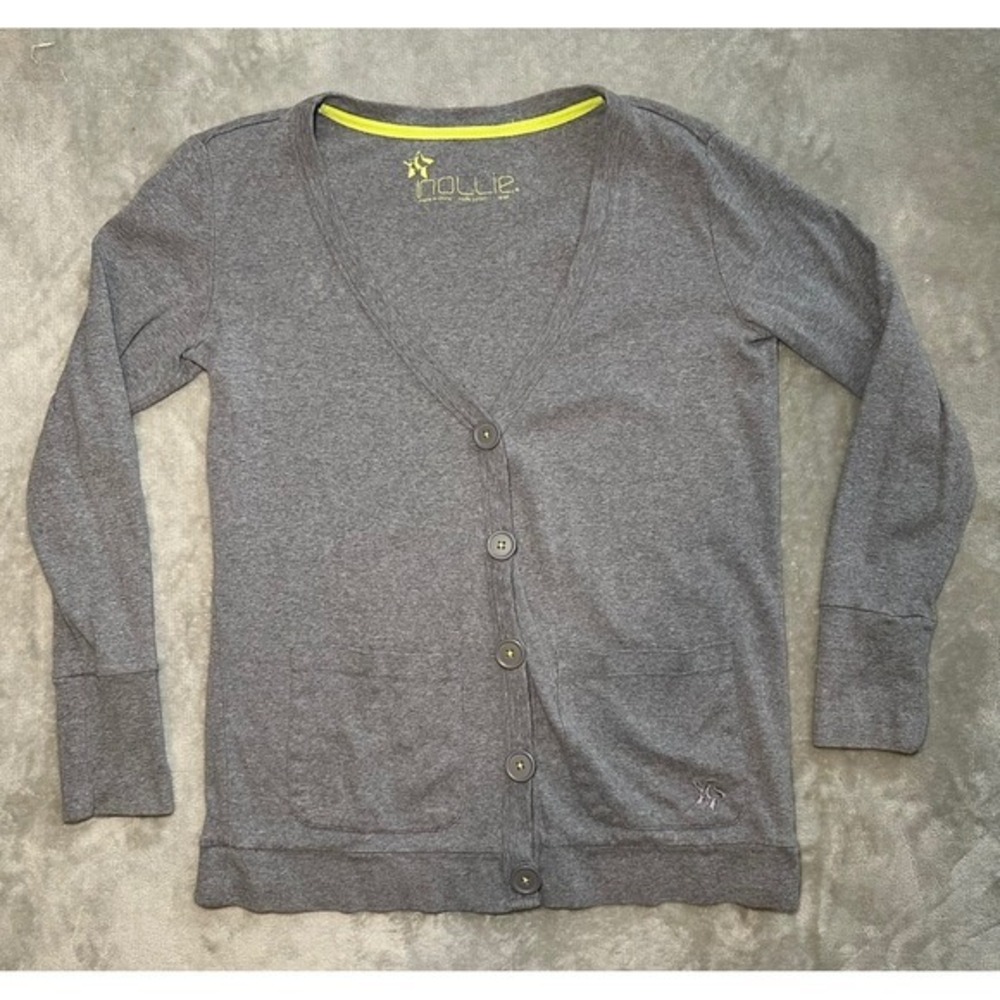 Nollie Cardigan Sweater Women Sz L Gray Button Front Lightweight Preppy Academia